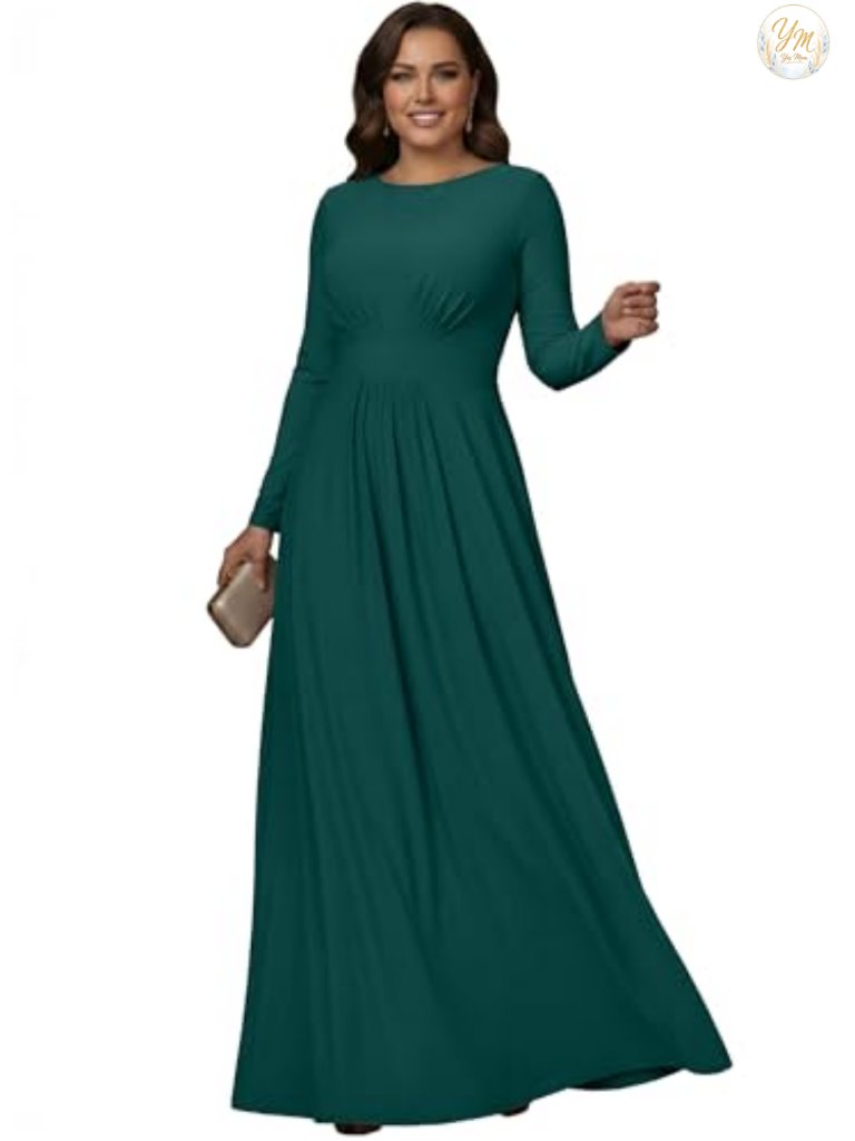 Long Sleeve Flowy Modest Elegant Evening Maxi Dress Gown